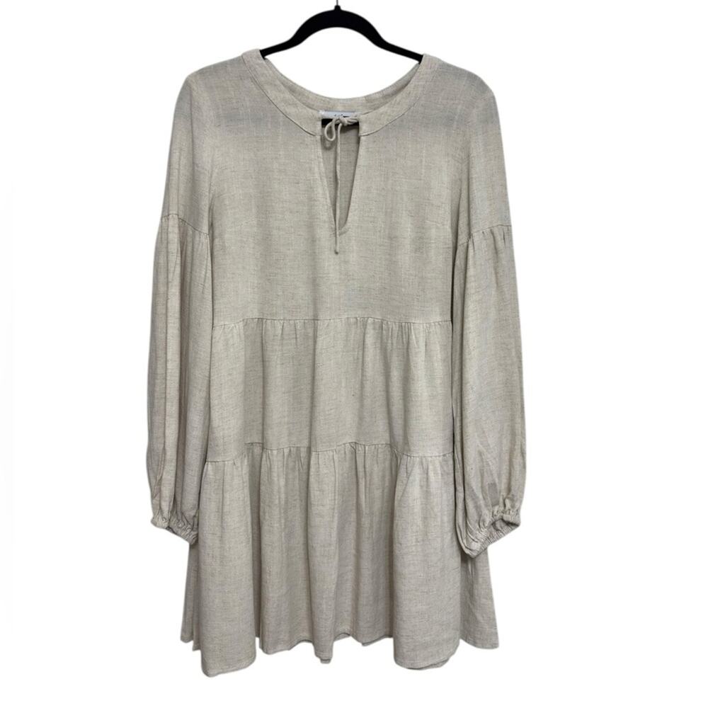 Women's Light Gray Tiered Peasant Dress with Tie Neck